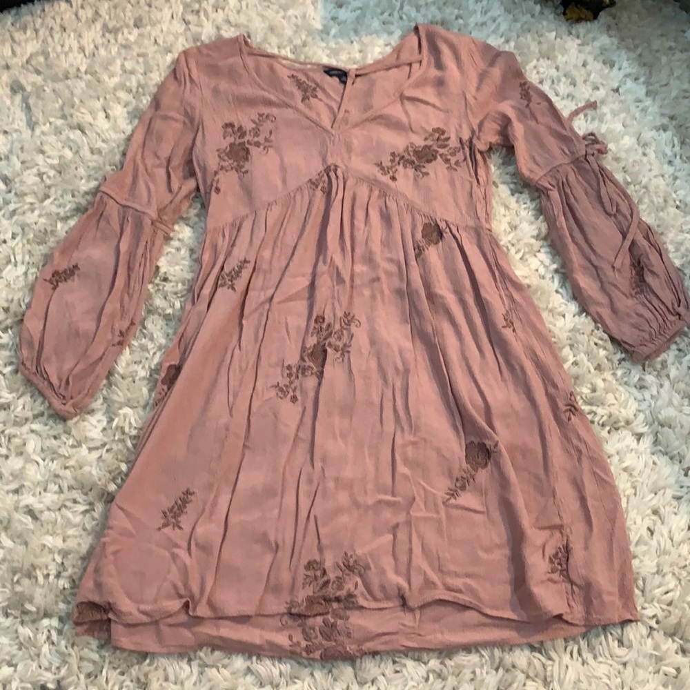 long sleeve pink floral embroidered dress